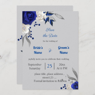 Invitation bleu royal fleurs blanches gris feuilles enregistr