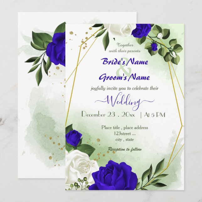Invitation bleu royal fleurs blanches or mariage géométrique (Devant / Derrière)