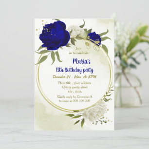 Invitation bleu royal fleurs blanches verdure anniversaire