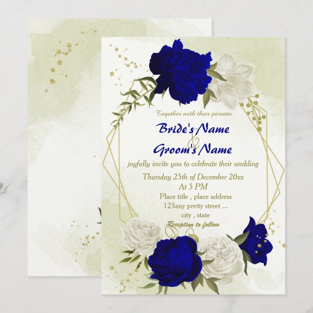 Invitation bleu royal fleurs blanches vert feuille mariage (Devant / Derrière)