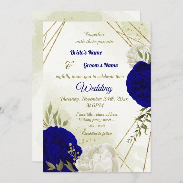 Invitation bleu royal fleurs blanches vert feuille mariage (Devant / Derrière)