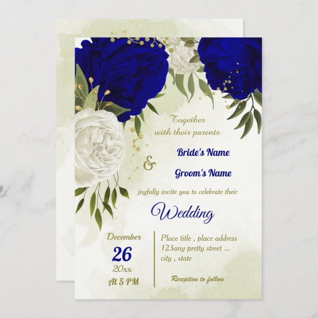 Invitation bleu royal fleurs blanches vert feuille mariage (Devant / Derrière)