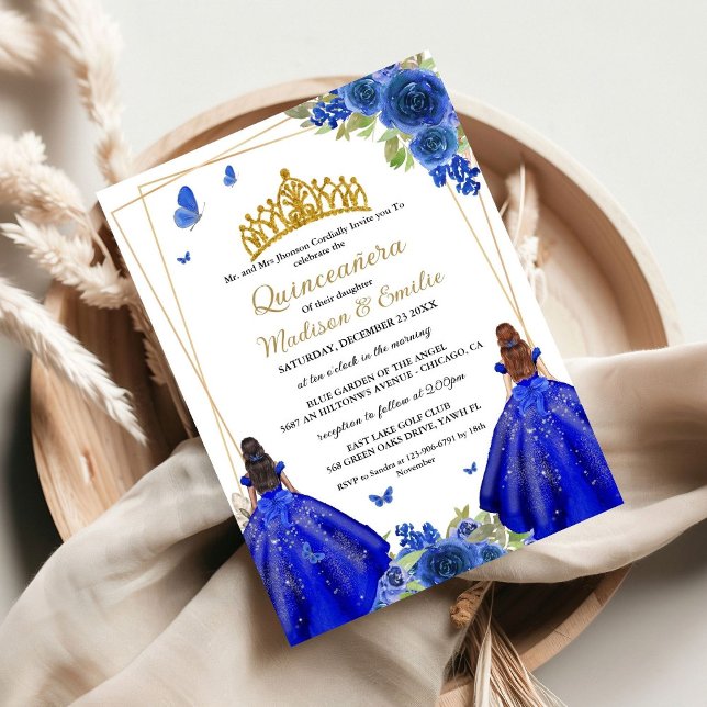 Invitation Bleu Royal Floral Papillon jumeau Quinceanera (Créateur téléchargé)