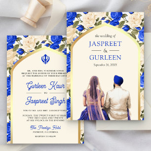 Invitation Bleu Royal Floral Punjabi Anand Karaj Mariage Sikh