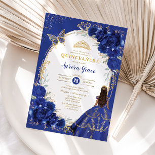 Invitation Bleu Royal Floral Quinceañera Papillon Mes Quinze