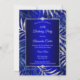 Invitation Bleu Royal Gris Argent Palmier Diamant Fête d'anni