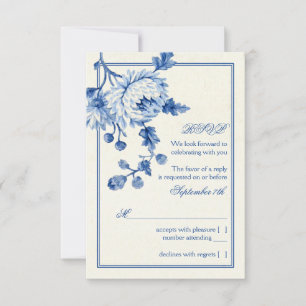Invitation Bleu Royal Ivoire Toile Floral Mariage RSVP Répons