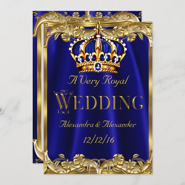 Invitation Bleu Royal Marine Couronne de Mariage Or 3 (Devant / Derrière)
