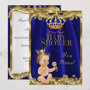 Invitation Bleu Royal Navy Or Prince Baby Shower Brunette