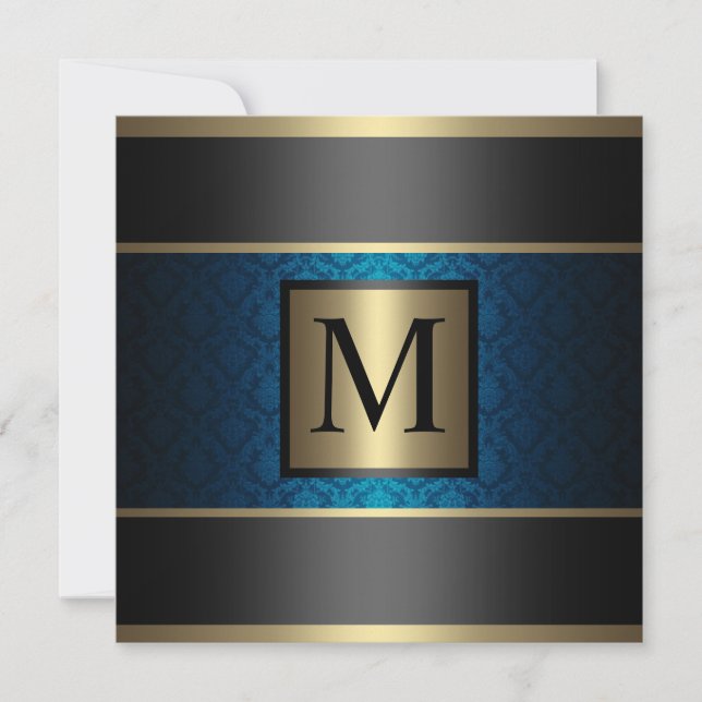 Invitation Bleu royal, noir et or de damassé de monogramme (Devant)