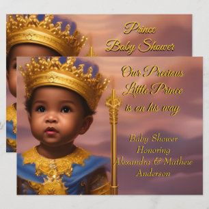 Invitation Bleu Royal Or Prince Garçon Baby Shower Ethnique