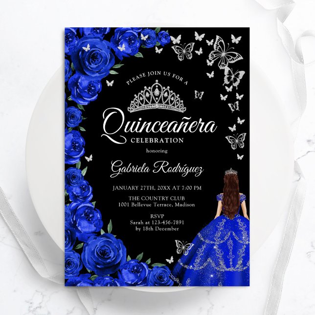 Invitation Bleu royal papillons Rose Quinceanera (Créateur téléchargé)