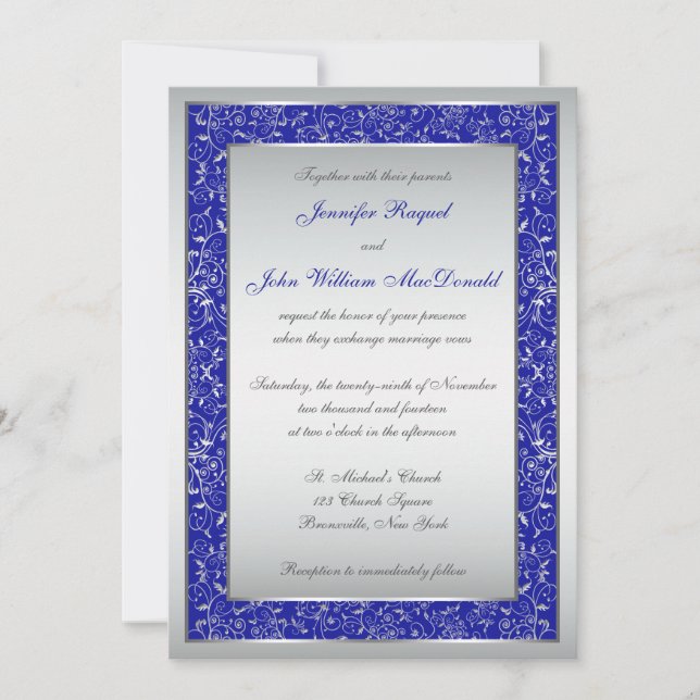 Invitation Bleu royal, rouleaux fleuris argentés épousant (Devant)