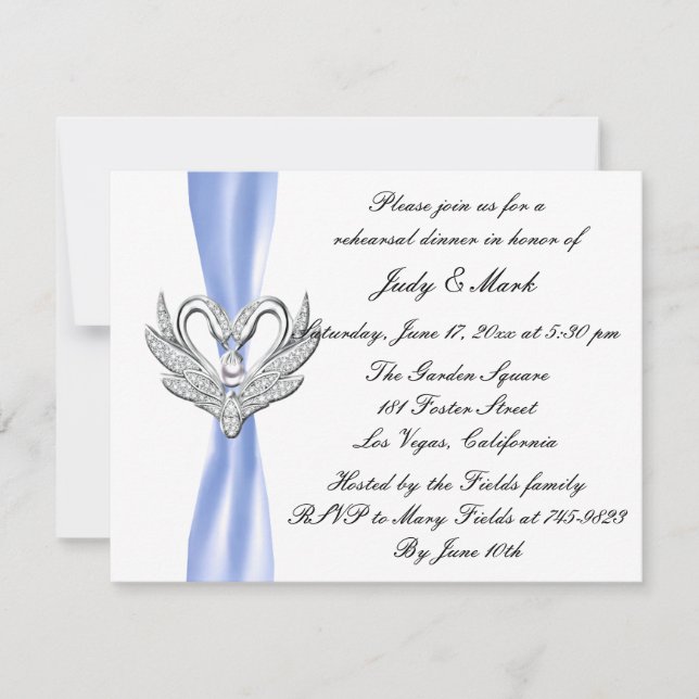 Invitation Bleu Ruban Silver Swans Dîner de répétition Invita (Devant)