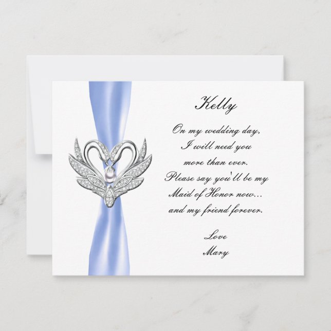 Invitation Bleu Ruban Swans Argent Maid Of Honor Card (Devant)
