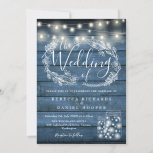 Invitation Bleu Russe Chaîne Lumières Mason Jars Mariage