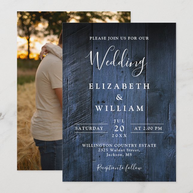 Invitation Bleu Rustique Boho Grange Bois Mariage photo (Devant / Derrière)