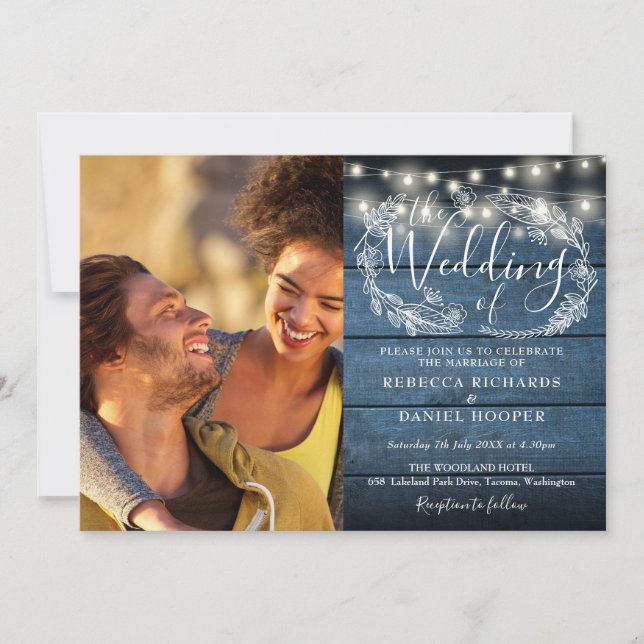 Invitation Bleu Rustique Bois 2 Photo Chaîne Lumières Mariage (Devant)