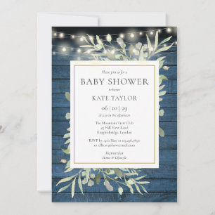 Invitation Bleu Rustique Bois Chaîne Lumières Baby shower de 