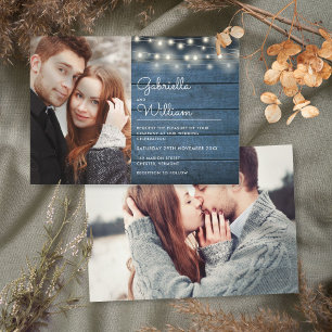 Invitation Bleu Rustique Bois Chaîne Lumières Photos Mariage