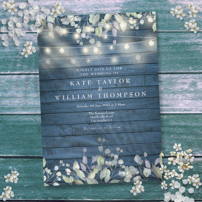 Invitation Bleu Rustique Bois Chaîne Lumières Verdure Mariage (Blue Rustic Wood String Lights Greenery Wedding Invitation)
