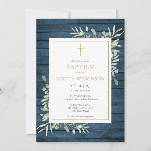 Invitation Bleu Rustique Bois Vert Baptême Baptême Christenin (Devant)