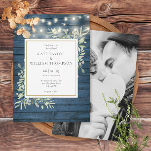 Invitation Bleu Rustique Bois vert String Mariage