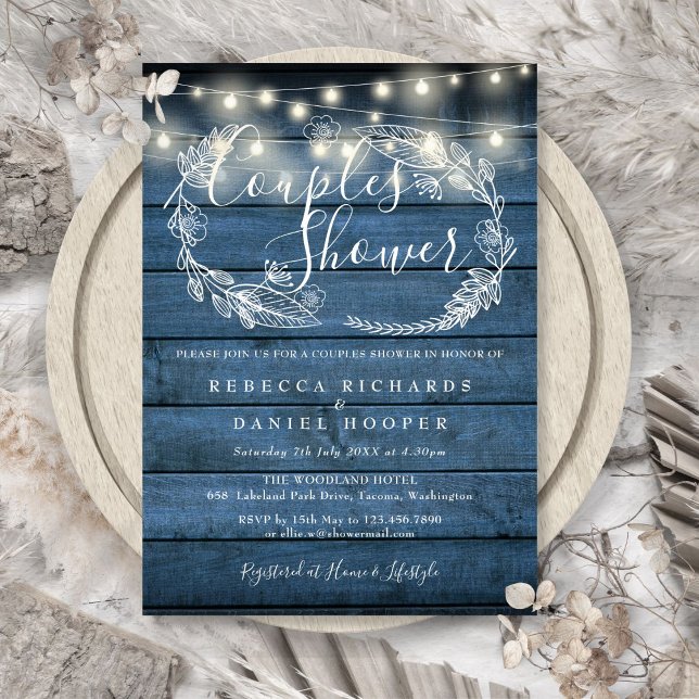 Invitation Bleu Rustique Chaîne de bois Lumières Couples Douc (Blue Rustic Wood String Lights Couples Shower Invitation)
