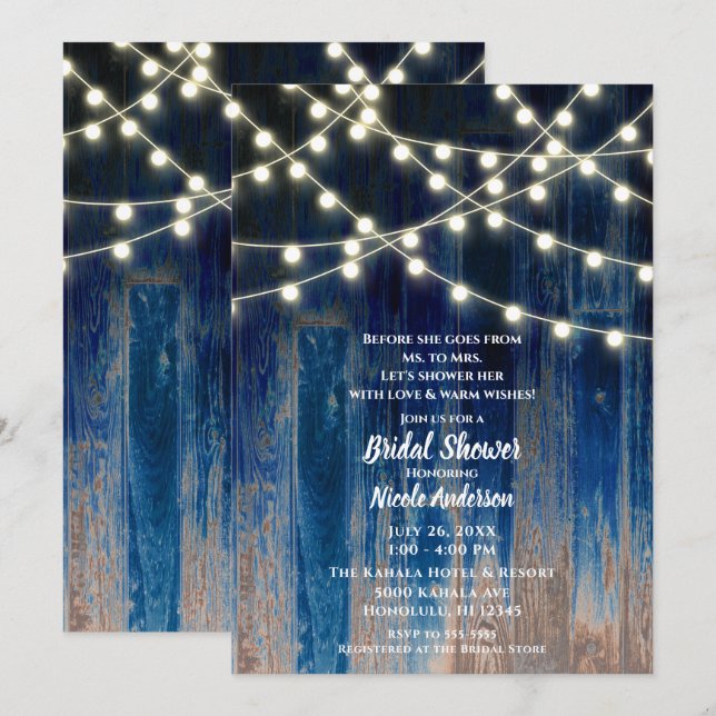 Invitation Bleu Rustique Côtier Grange Bois Lumières Fête des (Devant / Derrière)
