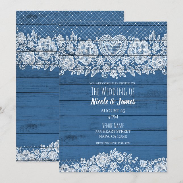 Invitation Bleu Rustique dentelle de bois Ferme de grange Mar (Devant / Derrière)