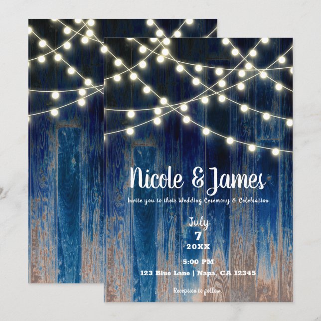 Invitation Bleu Rustique Grange Côtière Bois & Lumières Maria (Devant / Derrière)