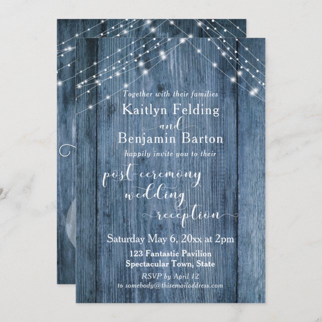 Invitation Bleu Rustique & Lumières Réception Après Mariage U (Devant / Derrière)