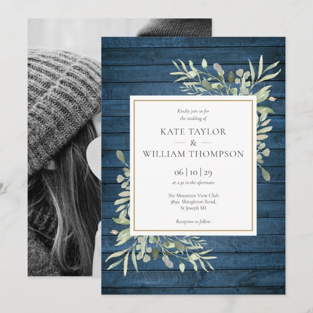Invitation Bleu Rustique Mariage campagnard de verdure (Devant / Derrière)