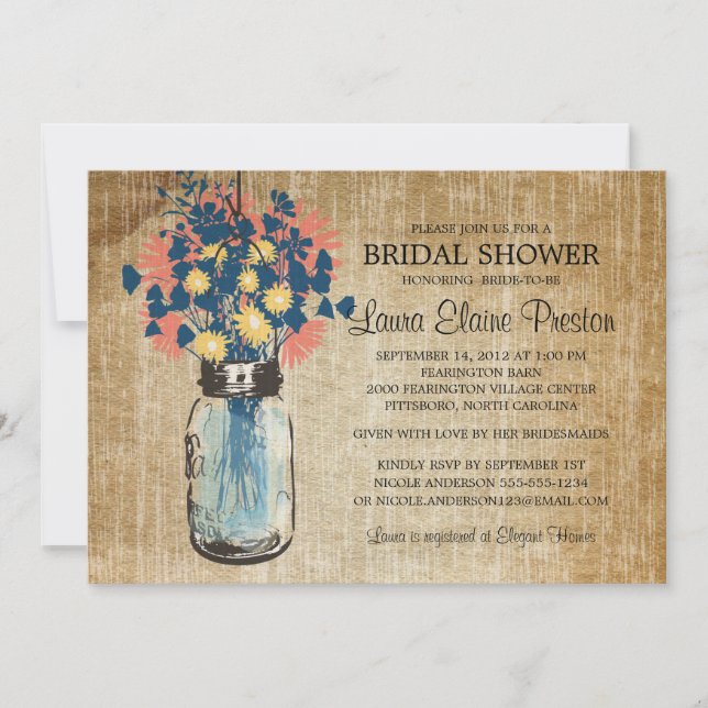 Invitation Bleu rustique Mason Jar et Fleur sauvage Daisies (Devant)