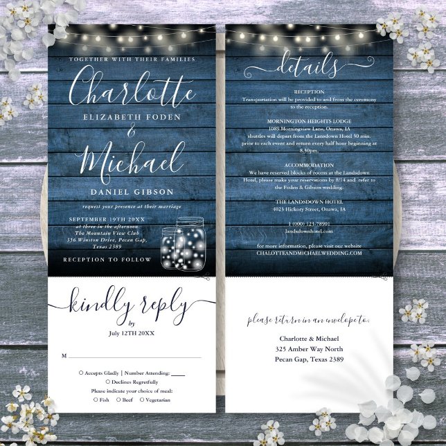 Invitation Bleu Rustique Mason Jars Éclairage Tout En Un Mari (Blue Rustic Mason Jars Lights All In One Wedding Invitation)