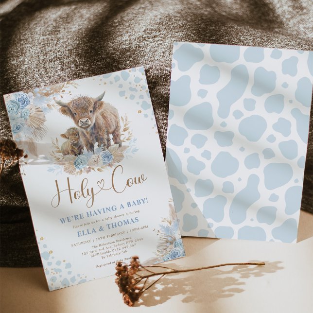 Invitation Bleu Saint Vache Boho Pampas Baby shower garçon (Créateur téléchargé)