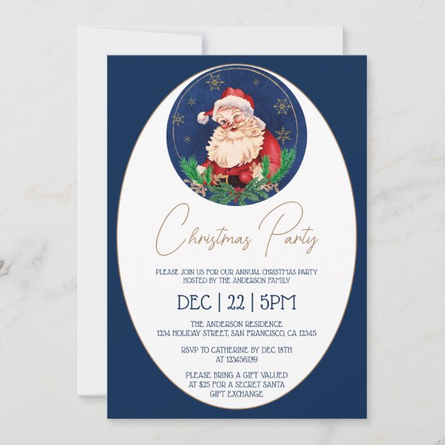 Invitation Bleu Santa Claus Élégant Vintage Noël Party (Devant)