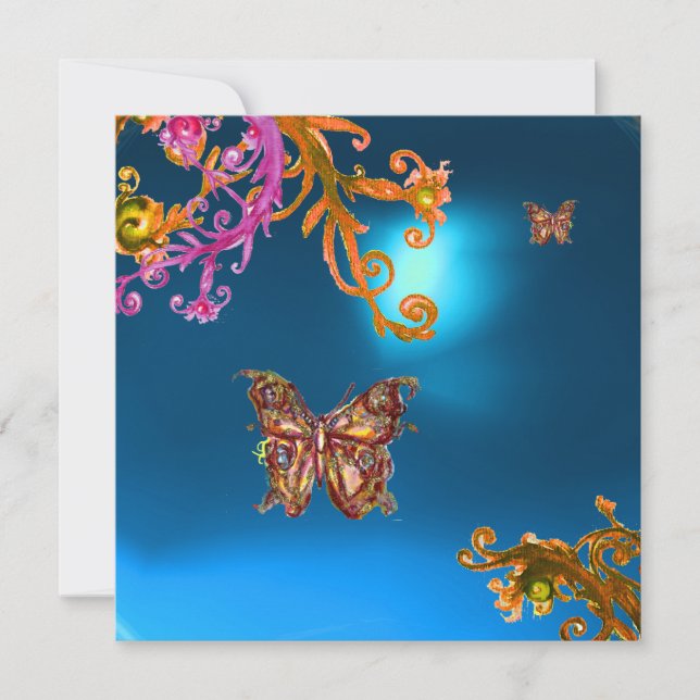 Invitation BLEU SAPPHIR PAPILLON, rose vif jaune marron (Devant)