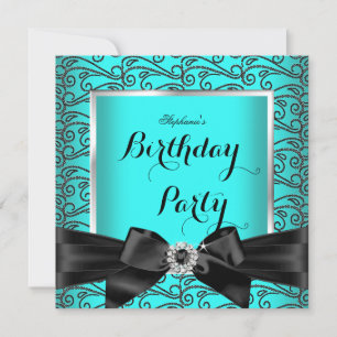 Invitation Bleu sarcelle Argent Noir Diamants Fête d'annivers