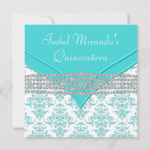 Invitation Bleu sarcelle Blanc Damassé Diamant Quinceanera