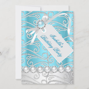 Invitation Bleu sarcelle Blanc Perle Diamants Fête d'annivers