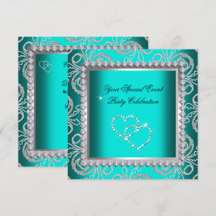Invitation Bleu sarcelle Damassé Diamants Argent Cœur Fête