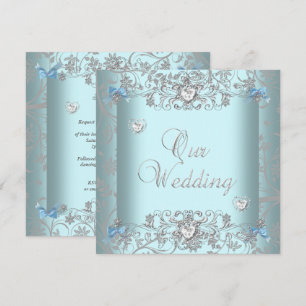 Invitation Bleu sarcelle Damassé Mariage Cœurs Diamant Argent