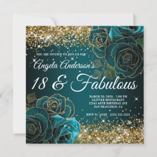 Invitation Bleu Sarcelle Floral Pailleté Glam 18 et Fabuleux