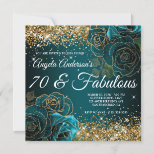 Invitation Bleu sarcelle floral paillettes or glamour 70 et f