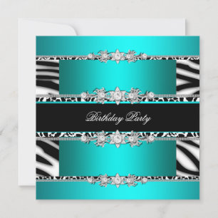 Invitation Bleu sarcelle Noir Zèbre Blanc Bijou Fête d'annive