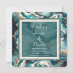 Invitation Bleu sarcelle Or Blanc Moderne Mariage Marbre Agat