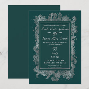 Invitation Bleu sarcelle, vert et argent Élégant mariage flor