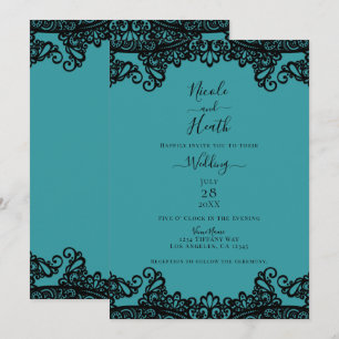 Invitation Bleu sarcelle vert et noir dentelle mariage élégan