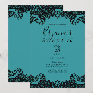 Invitation Bleu sarcelle Vert Noir Dentelle Fête Douce 16